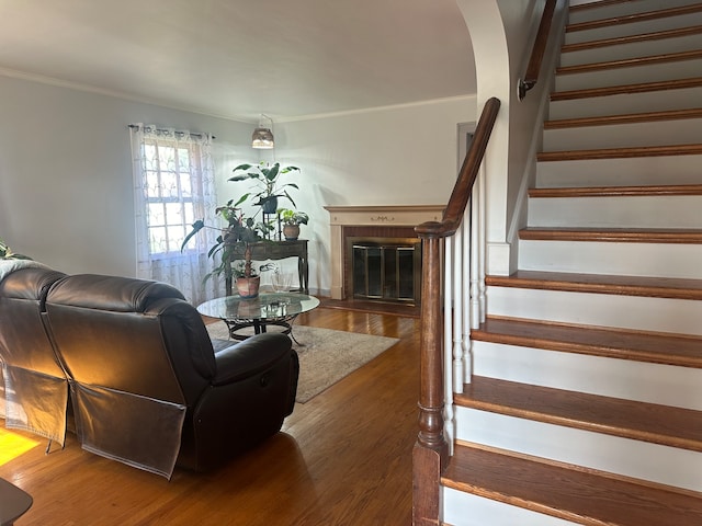 living room featuring ornamental molding and wood-type flooring