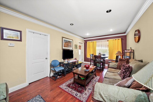 living room with ornamental molding and dark wood-type flooring