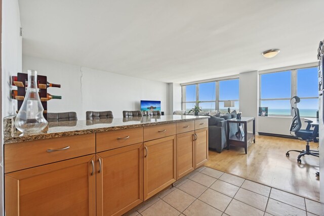 kitchen featuring light wood-type flooring and light stone counters