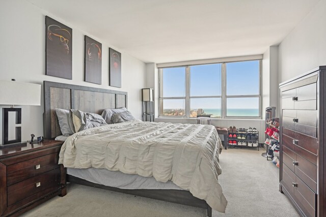 bedroom featuring light colored carpet and a water view