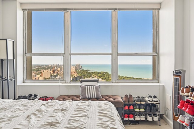 bedroom featuring a water view