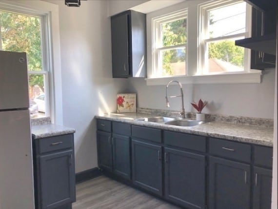 kitchen featuring light hardwood / wood-style floors, a wealth of natural light, sink, and stainless steel refrigerator