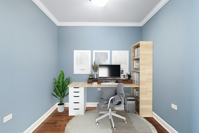 office featuring built in desk, ornamental molding, and dark hardwood / wood-style flooring