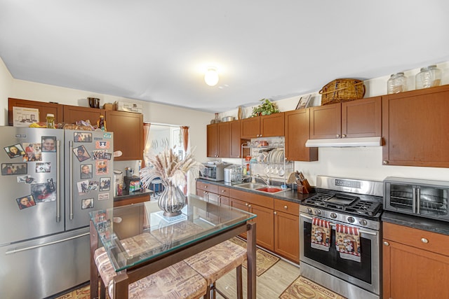 kitchen featuring light wood-type flooring, appliances with stainless steel finishes, and sink