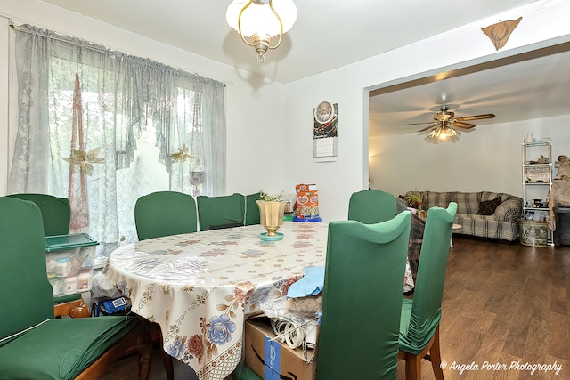 dining space featuring ceiling fan and dark wood-type flooring