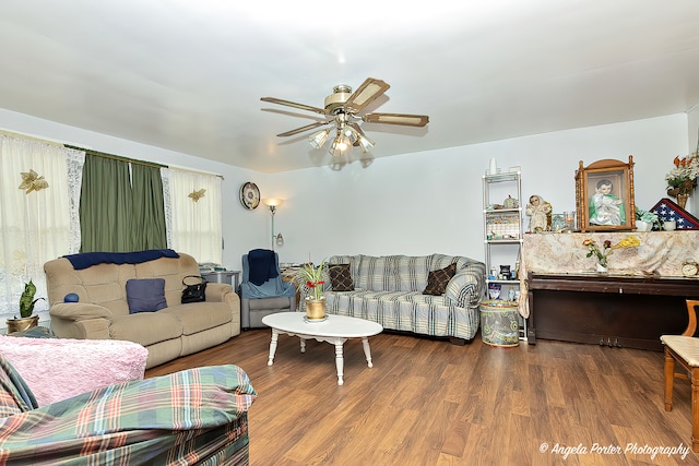 living room featuring ceiling fan and wood-type flooring