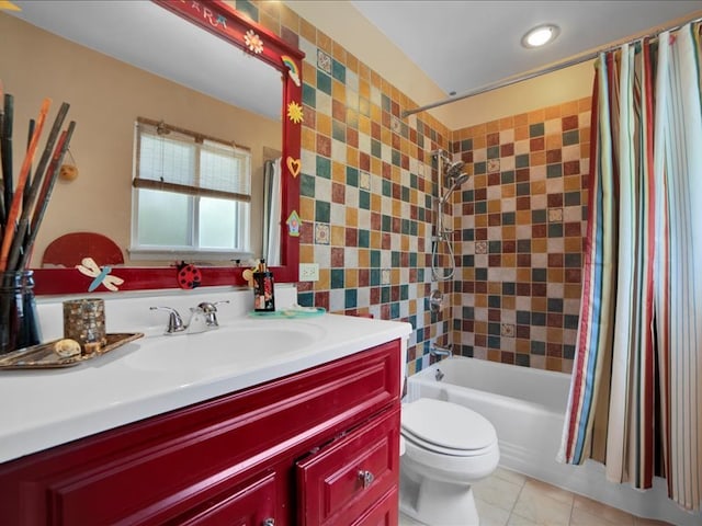 full bathroom with tile patterned floors, vanity, shower / bathtub combination with curtain, and toilet