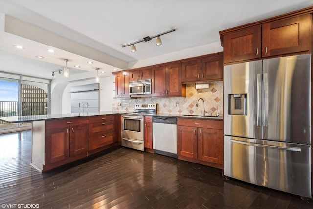 kitchen featuring a sink, dark wood finished floors, appliances with stainless steel finishes, a peninsula, and decorative backsplash