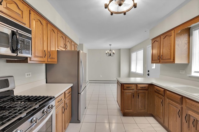 kitchen with kitchen peninsula, appliances with stainless steel finishes, a chandelier, baseboard heating, and decorative light fixtures