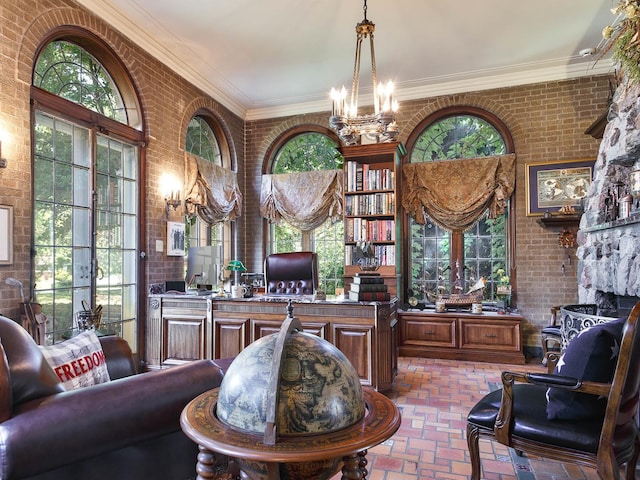 office featuring a notable chandelier, brick wall, brick floor, and crown molding