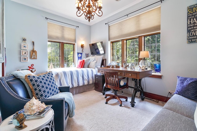 bedroom featuring carpet floors, an inviting chandelier, baseboards, and crown molding