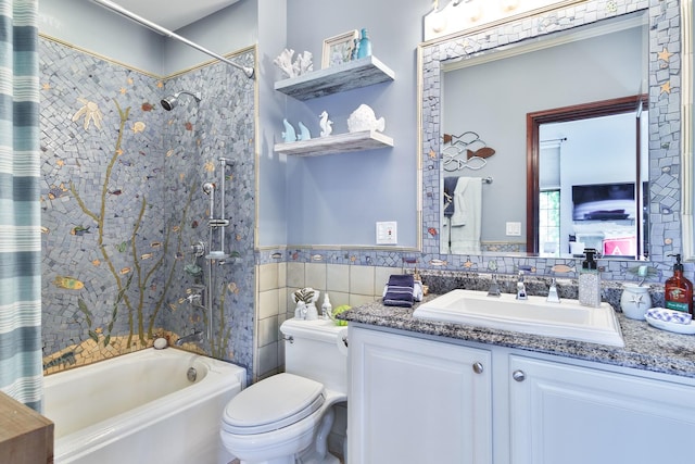 bathroom featuring tile walls, shower / bathtub combination with curtain, toilet, wainscoting, and vanity