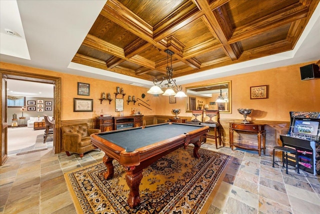 game room featuring wooden ceiling, coffered ceiling, crown molding, and pool table