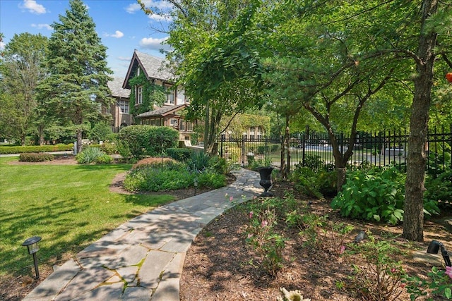 view of home's community with a yard and fence