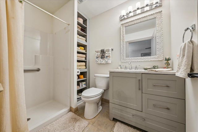 full bath with toilet, a stall shower, vanity, baseboards, and tile patterned floors