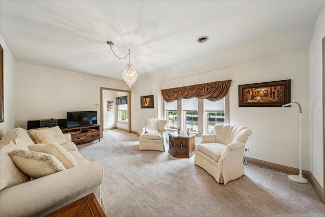 living area featuring light carpet, visible vents, baseboards, and a notable chandelier