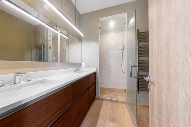 bathroom with a shower with door, vanity, hardwood / wood-style floors, and radiator