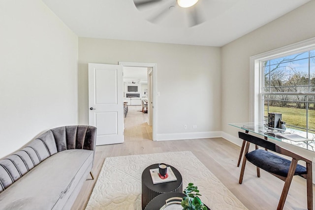 office featuring light wood-style flooring, baseboards, and a ceiling fan