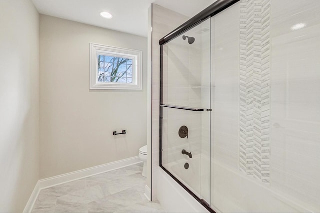 full bath with marble finish floor, recessed lighting, toilet, combined bath / shower with glass door, and baseboards