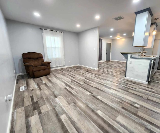 unfurnished living room with light hardwood / wood-style floors and sink