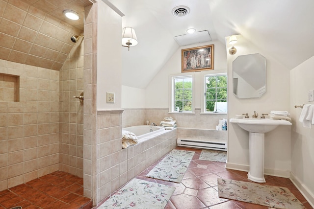 bathroom with a baseboard heating unit, separate shower and tub, and lofted ceiling