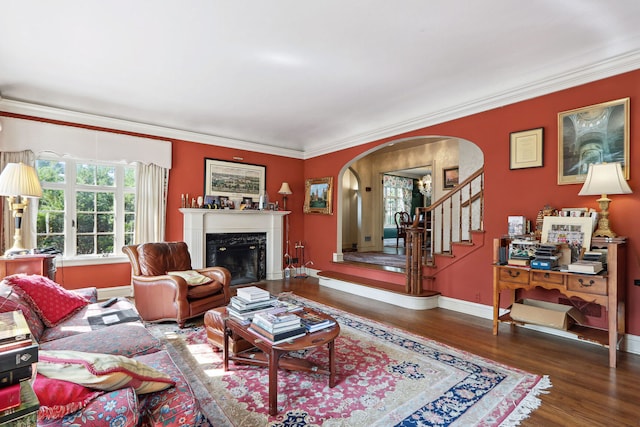 living room featuring a high end fireplace, crown molding, and dark hardwood / wood-style flooring