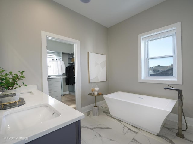 bathroom with vanity and a washtub