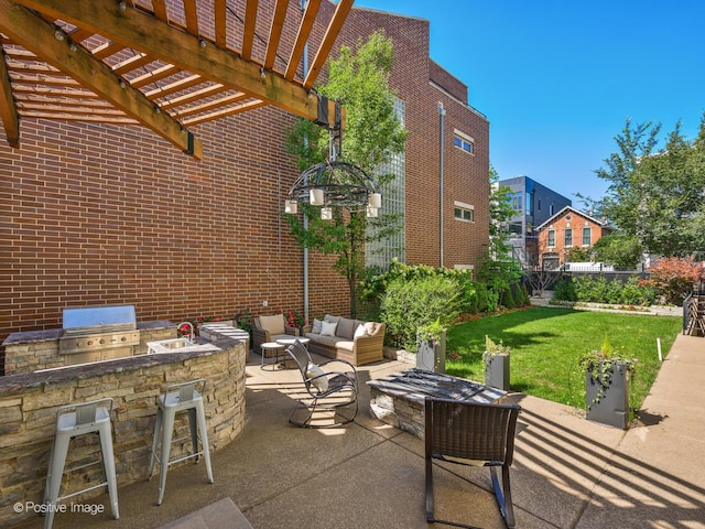 view of patio / terrace with an outdoor kitchen, area for grilling, an outdoor living space with a fire pit, an outdoor bar, and a pergola