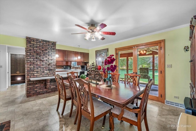 dining area featuring ceiling fan, visible vents, baseboards, ornamental molding, and french doors