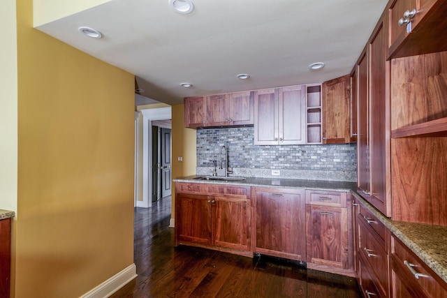 1440 N Lake Shore Dr Unit 22Abcd, Chicago, IL 60610 - kitchen with a sink, open shelves, baseboards, tasteful backsplash, and dark wood-style floors