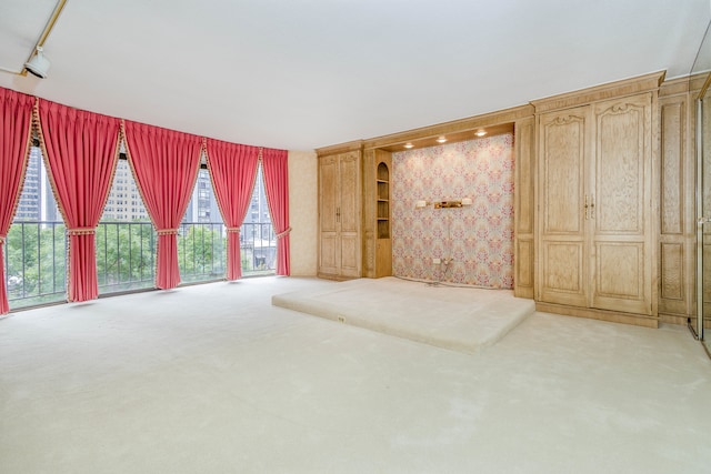 unfurnished living room with light carpet and rail lighting