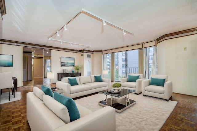 living room with a textured ceiling, track lighting, and dark parquet flooring