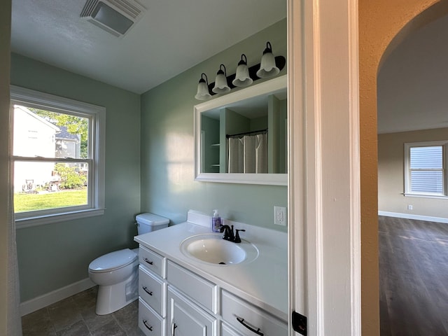 bathroom featuring toilet, vanity, and wood-type flooring