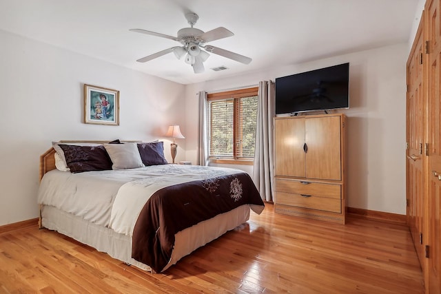 bedroom featuring ceiling fan, light wood-type flooring, and a closet