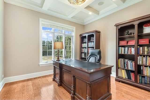 office area with coffered ceiling, visible vents, light wood finished floors, and baseboards
