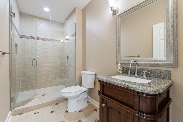 full bath featuring tile patterned flooring, a shower stall, baseboards, toilet, and vanity