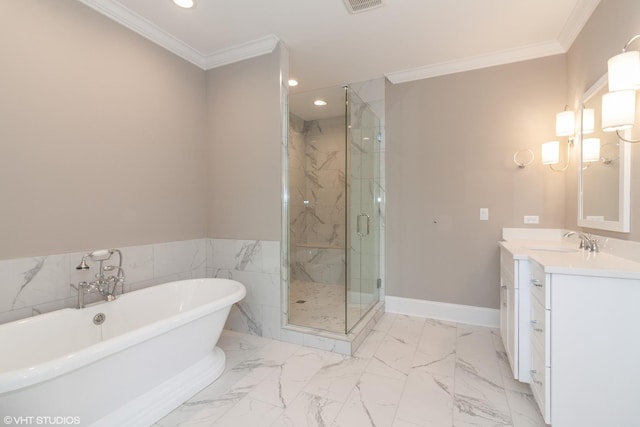 bathroom with vanity, ornamental molding, and plus walk in shower