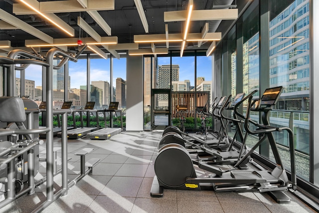 exercise room with floor to ceiling windows