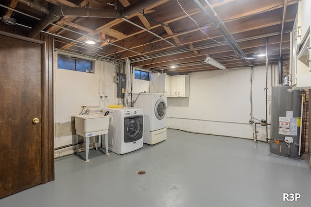 basement featuring water heater, electric panel, and washer and clothes dryer