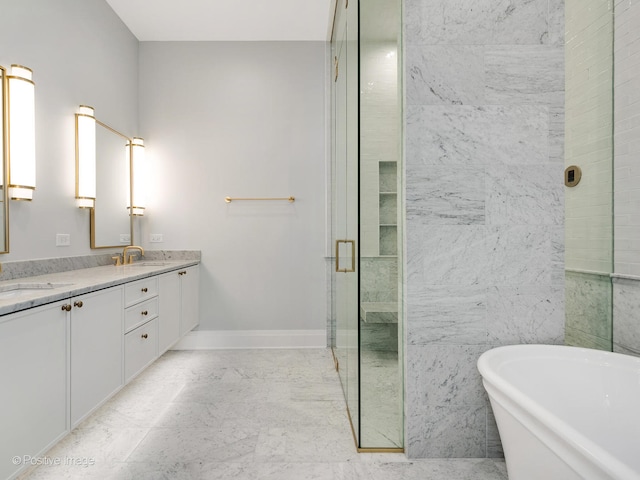 bathroom featuring tile patterned floors, plus walk in shower, tile walls, and dual vanity