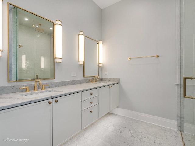 bathroom featuring dual bowl vanity, walk in shower, and tile patterned floors