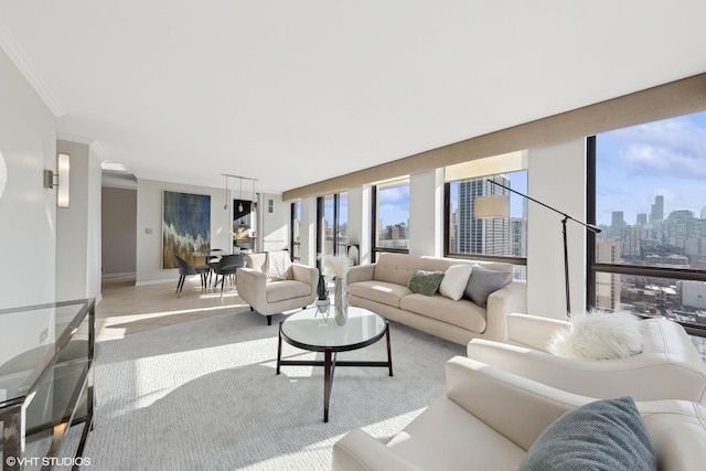 living room with floor to ceiling windows and light carpet