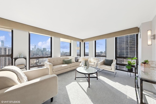 living room with a view of city and carpet floors