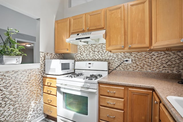 28629 W Ravine Dr, Barrington, IL 60010 - kitchen with white appliances, under cabinet range hood, light countertops, and tasteful backsplash