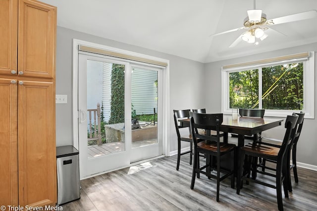 28629 W Ravine Dr, Barrington, IL 60010 - dining area with wood finished floors, lofted ceiling, and a ceiling fan