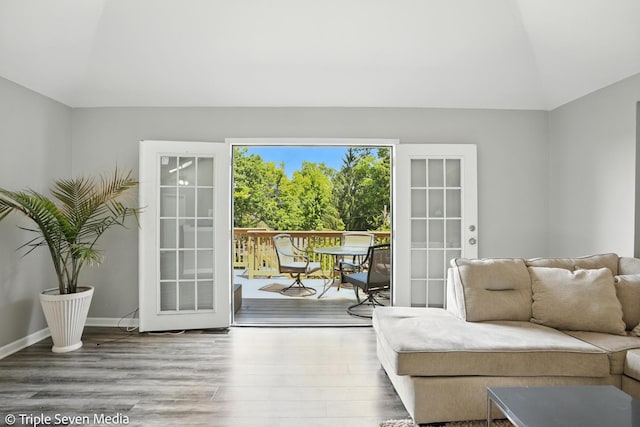 28629 W Ravine Dr, Barrington, IL 60010 - living room featuring wood finished floors, lofted ceiling, and french doors