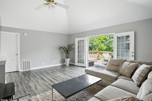 28629 W Ravine Dr, Barrington, IL 60010 - living room with wood finished floors, ceiling fan, and high vaulted ceiling