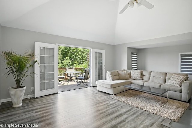 28629 W Ravine Dr, Barrington, IL 60010 - living area with wood finished floors, plenty of natural light, high vaulted ceiling, french doors, and a ceiling fan