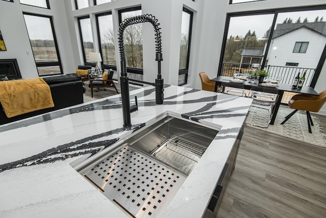 details with hardwood / wood-style flooring and light stone counters