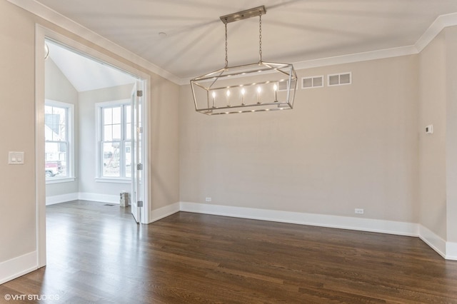 unfurnished dining area featuring dark hardwood / wood-style flooring and ornamental molding